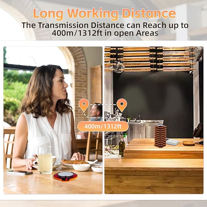 Restaurant Pager System, Buzzers for Restaurants 24 Coaster Pagers with Rubber Protection, Touch Keyboard Transmitter,2 Charging Base, Buzzer System for Food Truck Church Nursery Coffee Shop