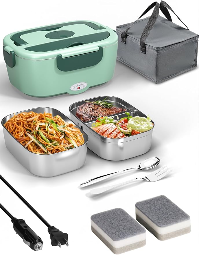 Heated Lunch Box for Men&Women - 80W Electric Lunch Box for Adults with Dual 1.5L 304 Stainless Steel Containers Fast Heating Portable Food Warmer for Car&Truck lonchera eléctrica portátil