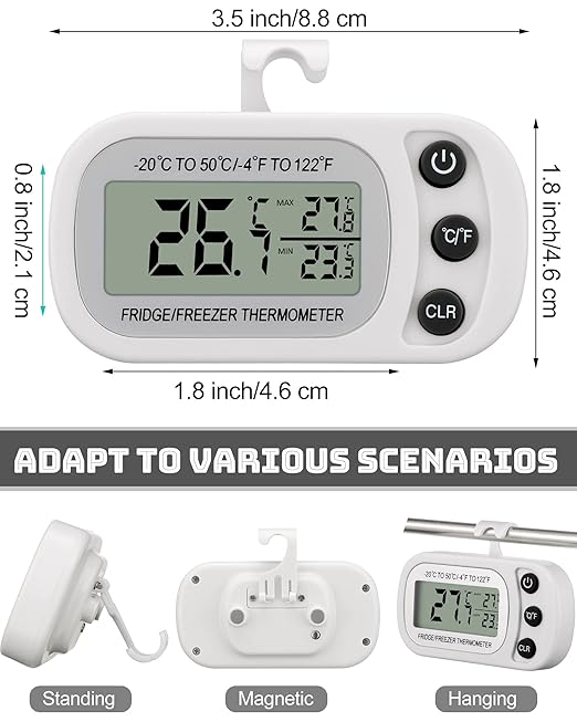 Frienda 12 Pack White Digital Fridge Thermometer Waterproof Refrigerator and Freezer Room Max/min Record Function LCD Screen Refrigerator Thermometer with Hook and Magnetic Back for Home