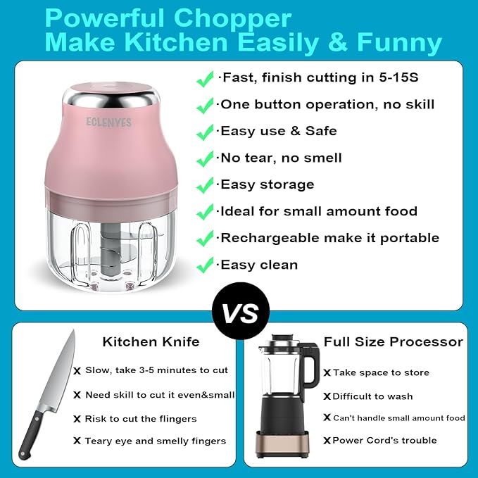 Vegetable Chopper, Electric Garlic Chopper, 250ML USB Rechargeable Mini Blender, Powerful Small Food Processor, Blender to Vegetable, Wireless Food Cutter for Ginger, Chili, Fruit, Meat, etc（Pink）
