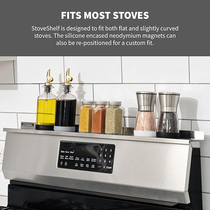 StoveShelf 20" Apartment Length Stainless Steel Finish Magnetic Shelf for Kitchen Stove - Kitchen Storage Solution with Zero Installation - Over Stove Spice Rack Organizer