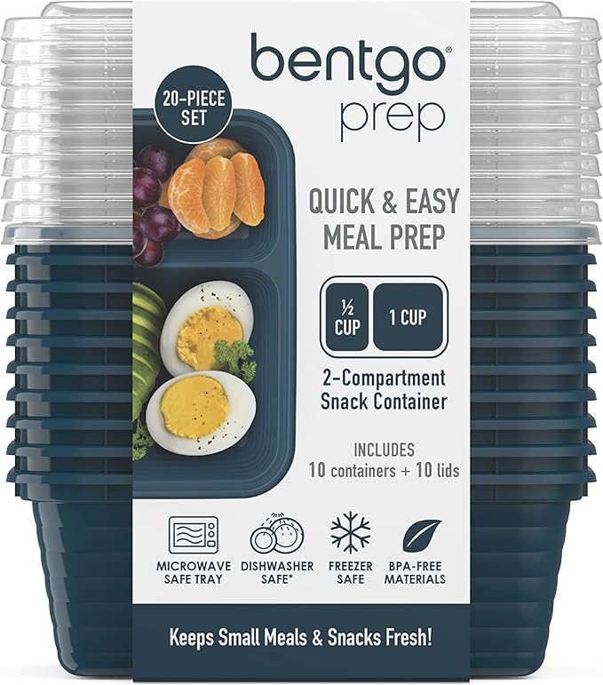 Bentgo Prep - 2-Compartment Snack Containers with Lids - Reusable, Microwaveable, Durable, PFAS & BPA-Free, Freezer and Dishwasher-Safe Meal Prep Food Storage - 10 Trays & 10 Lids (Deep Teal)