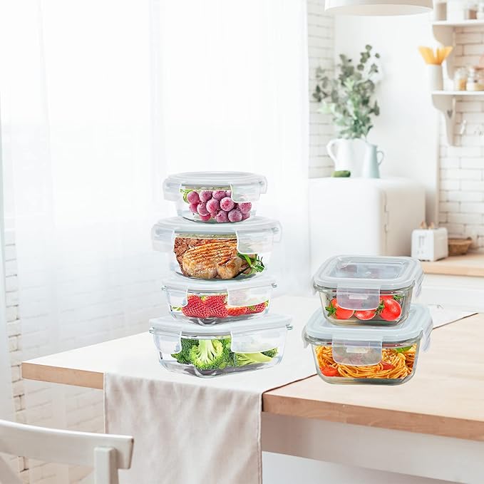 Glass Food Storage Containers with Lids Airtight 6 Pack, Glass Storage Containers with Lids for Food, Not Easy Broken & Leak Proof, Oven/Dishwasher Safe, Grey
