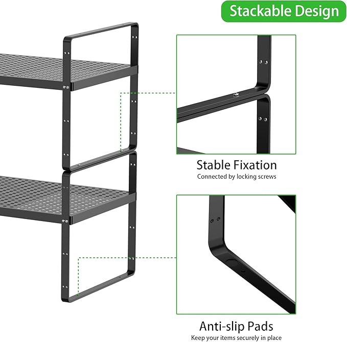 Expandable Cabinet Storage Shelf Stackable Organizer Rack for Kitchen Bathroom Pantry Spice Cupboard Coffee Countertop Home Office Desk Heavy Duty Nonslip Black Large 1 PACK