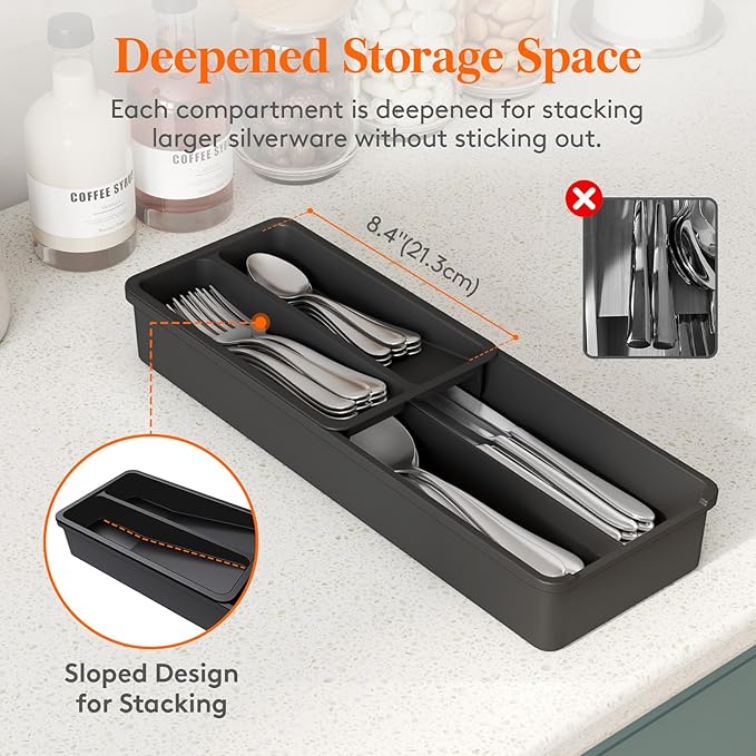 Lifewit Compact Silverware Organizer for Kitchen Drawer, Narrow Flatware Tray Holder, Plastic Cutlery Spoons, Forks and Knives Storage, Black, 2 Pack