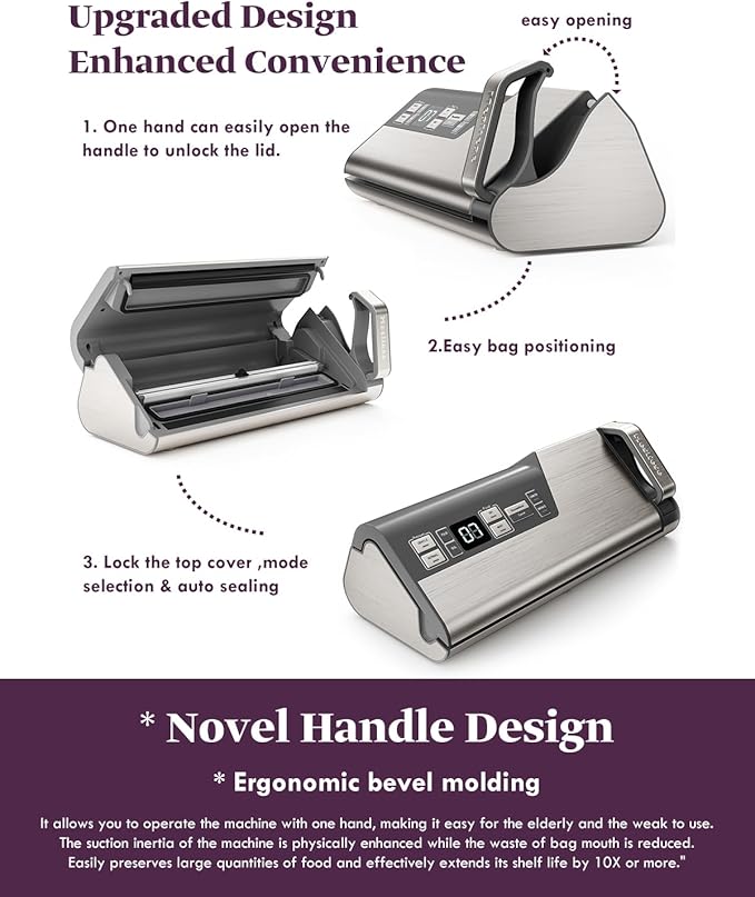 Mesliese Vacuum Sealer Machine, 95kPa 140W One Hand Operation Food Sealer, Double Seal Strip with Build-in Cutter & Countdown Display, 2 Bag Rolls, 5PCS Pre-cut Bags