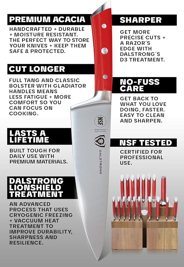 DALSTRONG Gladiator Series Elite-18pc Stainless Steel Knife Set with Block-High Carbon German Steel-Acacia Wood Block-Knife Set w/Red Handles-NSF Certified-Men's Valentines Gift