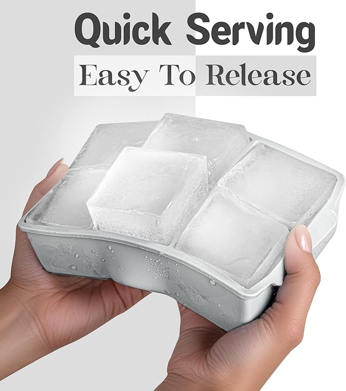 KitchFort Large Silicone Ice Cube Tray (3-Pack), Easy Release 2" Big Ice Cubes - Cocktail, Whiskey Ice Cubes Mold - Ice Trays for Freezer with Lid - Stackable Silicone Ice Tray - Gray