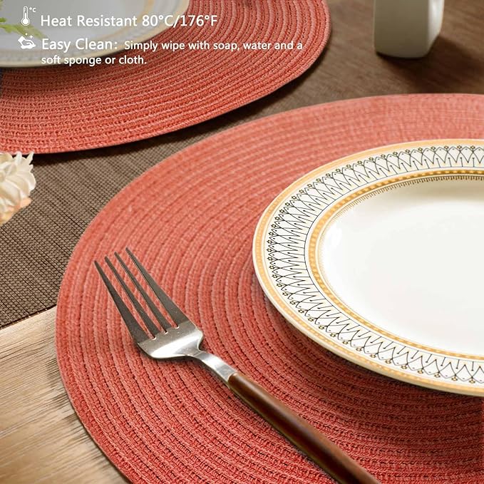 FunWheat Round Braided Placemats Set of 6 Place mats for Dining Tables Woven Heat Resistant Table Mats 15 inch (Dark Orange)