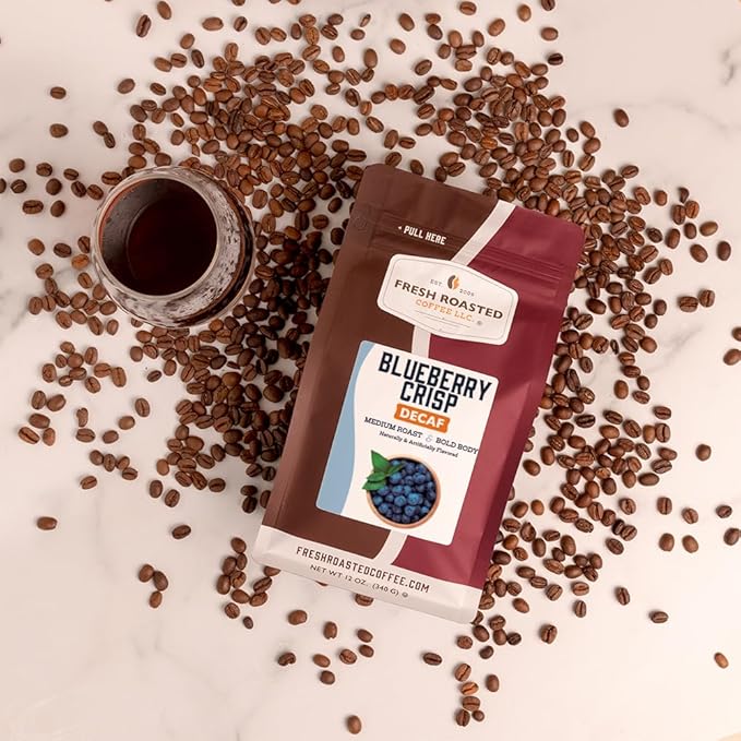 Fresh Roasted Coffee, Decaf Blueberry Crisp Flavored Coffee, 12 oz, Medium Roast, Kosher, Whole Bean
