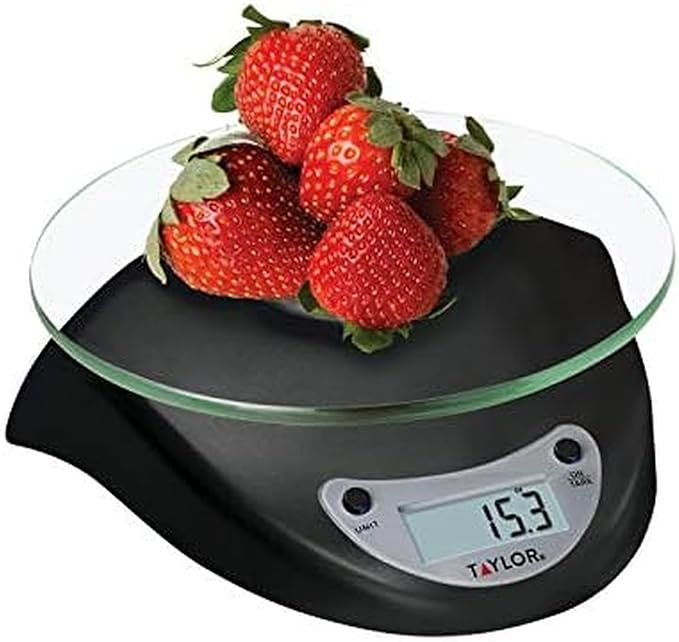 Taylor Digital Kitchen Scale with Glass Platform, Tare Button, and Plastic Body Weighs up to 11 Pounds Capacity, Black