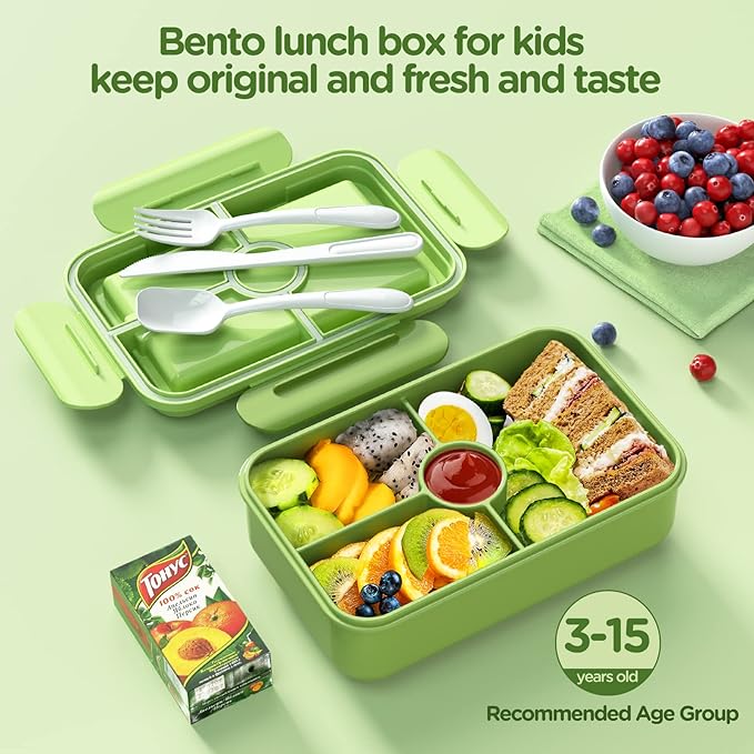Jelife Bento Box Kids Lunch Box - Large Bento-Style Leakproof with 4 Compartments Food Storage Container with Tableware for Kids Back to School, Reusable On-the-Go Meal and Snack Packing, Green
