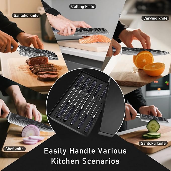 10-Piece Premium Japanese Kitchen Knife Set - Imperial Collection, Laser Damascus Pattern, 440A Stainless Steel Ultra Sharp for Fast Cutting (Black)