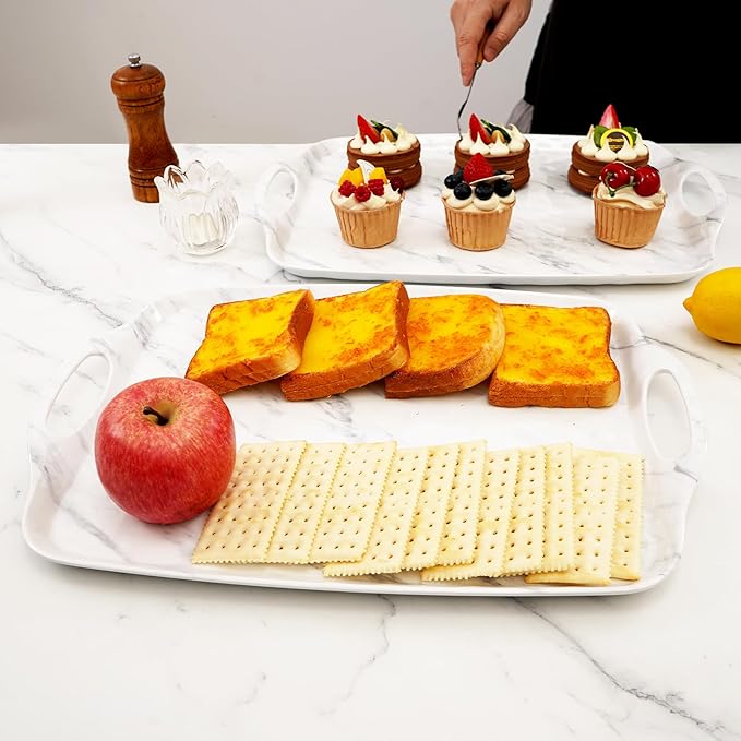 TP Serving Trays with Handles, 19 Inch Large Rectangular Melamine Serving Platter Set of 2, White Marble
