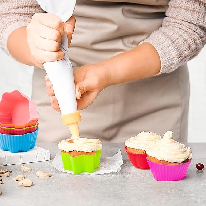 R HORSE 42 Pack Silicone Cupcake Molds - 2 Inch Mini Size Multi Flower-Shaped Baking Cups Non-Stick Donut Wrapper Mold Wrappers Holders Muffin Liners Washable for Pan Oven Microwave Dishwasher