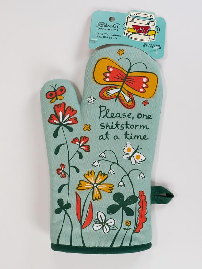 Blue Q Please, One Storm at a Time Funny Oven Mitts - Cute Oven Mitts, Home Kitchen Gifts, Cooking Accessories, Super-Insulated Quilting, Comfy Natural-Fitting Shape, 100% Cotton, Size 12.5"L x 7.5"W