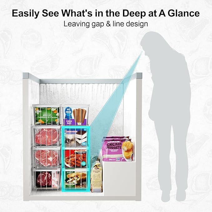 iSPECLE Freezer Organizer Bins - 4 Pack Small Stackable Deep Freezer Organizer Bins for 7 Cu.Ft Freezers Easy Get Bottom Foods without Digging, Chest Freezer Organizer Prevent Frozen Food Waste, White