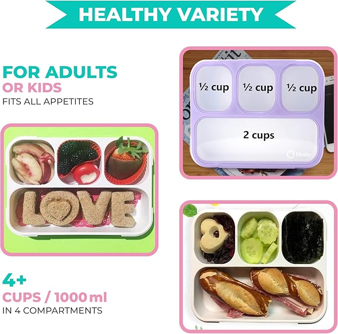 Unicorn Bento Box Lunch Box for Girls, Kids | Snack Containers with 4 Compartment Dividers, Boxes for Toddlers Pre-School Daycare Lunches BPA Free, Food & Microwave Safe | Purple Rainbow Unicornio