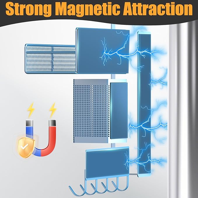 Magnetic Spice Rack for Refrigerator, 7 Pack 100% Metal Strong Magnet Shelves, Kitchen Spice Organizer W/ Hook Rack, Paper Towel Holder, Utensils Caddy, Home Laundry Room Storage Organization (Blue)