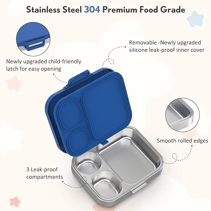 Stainless Steel Bento Box Kids, Leak Proof Metal Bento Lunch Box,3 Compartments 304 Stainless Steel Bento Lunch Containers for School and Office, BPA-Free(Blue)