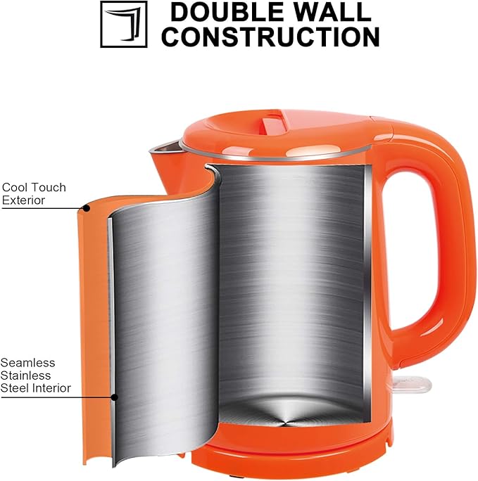 Secura Stainless Steel Double Wall Electric Kettle Water Heater for Tea Coffee w/Auto Shut-Off and Boil-Dry Protection, 1.0L (Orange) SWK-1001DO/HB-K012