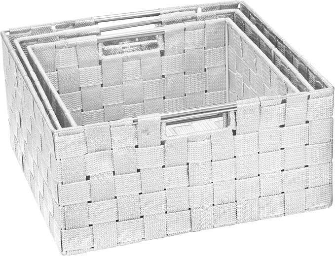 Sorbus Storage Box Woven Basket Bin Container Tote Cube Organizer Set Stackable Storage Basket Woven Strap Shelf Organizer Built-In Carry Handles (White)