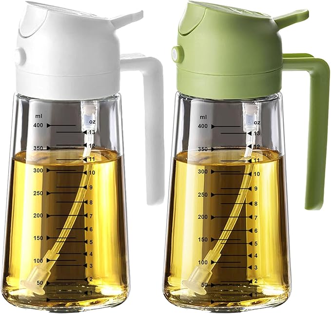 TrendPlain 16oz/470ml Glass Olive Oil Sprayer for Cooking – 2 in 1 Olive Oil Dispenser Bottle for Kitchen Gadgets and Air Fryer Accessories, Salad, BBQ - White & Green