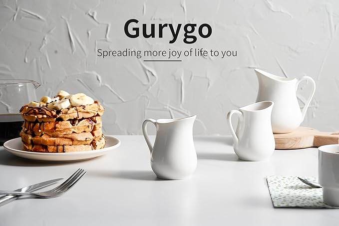 Gurygo 8-oz Creamer with Handle - Small Classic White Fine Porcelain Creamer Pitcher - Small Pitcher for Coffee Milk - Microwave & Freezer Safe