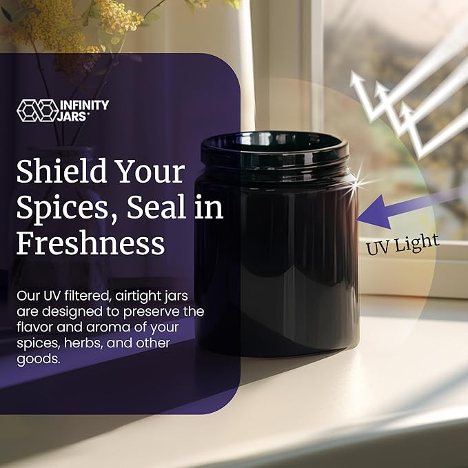 Infinity Jars Tall Black Large Ultraviolet Glass Jar 250 ML (8.3 fl oz) Pack 5 Airtight Smell Proof Container,Refillable Jar For Long Term Storage Coffee,Spices,Dried Goods,Tea,Glass Jar For Kitchen