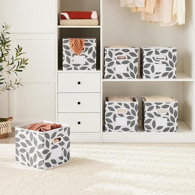 MAX Houser Fabric Storage Bins Cubes Baskets Containers with Dual Plastic Handles for Home Closet Bedroom Drawers Organizers, Flodable,Grey, Set of 6