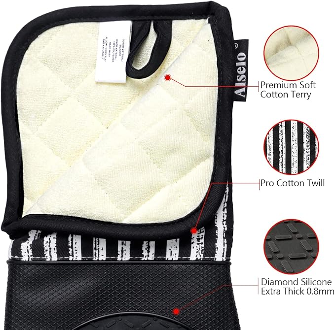 Silicone Oven Mitts Heat Resistant 932℉ with Waterproof & Non-Slip Kitchen Mittens, Set of 2 Extra Long Oven Gloves with Soft Cotton Terry Lining for Baking Cooking Barbecue (2, Black Mitts)