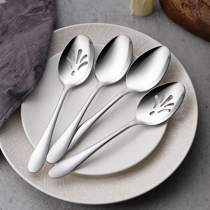 E-far Stainless Steel Serving Utensils, 4-Piece Serving Spoons Set Includes Slotted & Solid Spoons, Metal Hostess Tablespoons for Catering Buffet Party Kitchen Restaurant