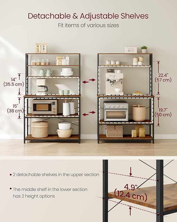 VASAGLE Coffee Bar, 39.4 Inches Baker's Rack for Kitchen with Storage, 6-Tier Kitchen Shelves with 6 Hooks, Microwave Stand, Industrial, Rustic Brown and Black UKKS039K01