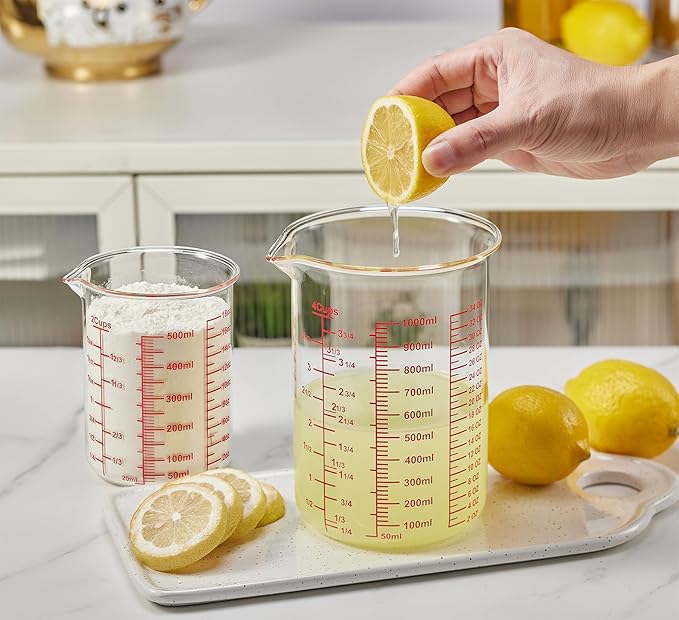 High Borosilicate Glass Measuring Cup-V-Shaped Spout，Glass Measuring Beaker for Kitchen or Restaurant, Easy to Read, 1000 ML (32 Oz, 4Cup)