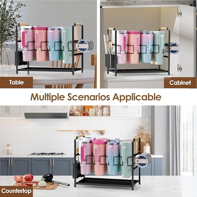 Housolution Water Bottle Organizer Drying Rack for 40 oz Tumbler with Handle, Multifunctional Cup Storage Holder Compatible with Stanley, Owala, Simple Modern and Other Brands, 8 Slots (Patented)
