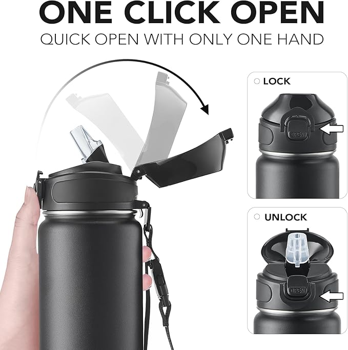 Enerbone 24 oz Insulated Water Bottle, Stainless Steel Bottle with Carrying Strap, Double-Wall Vacuum Insulation Design, Leakproof Sports Bottle with Straw, Keep Drinks Cold or Hot for Hours