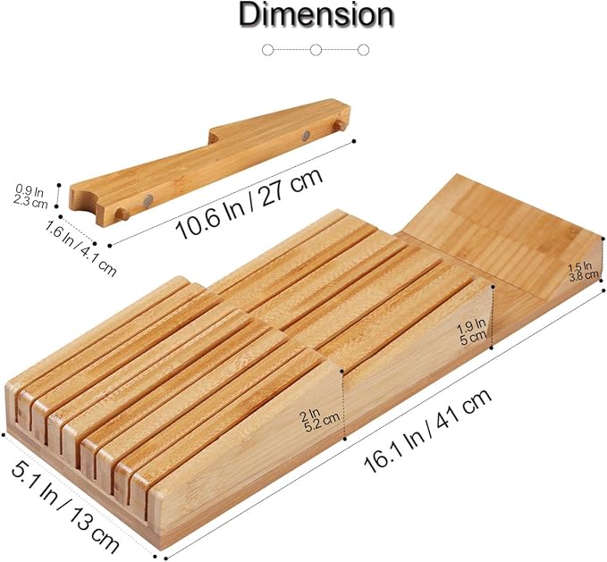 NIUXX Bamboo In-Drawer Knife Block Set for 9 Knives(Not Included), Large Kitchen Detachable Washable Cutlery Slot Organizer Storage Holder for Sharpening Steel and Cutter