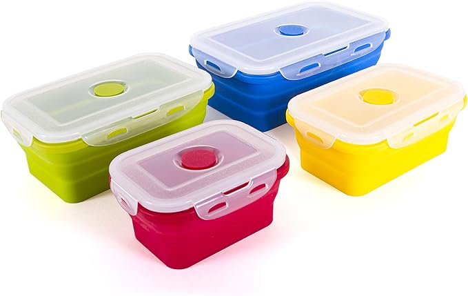 Kitchen Home Thin Bins Collapsible Containers – Set of 4 Rectangle Silicone Food Storage Containers – BPA Free, Microwave, Dishwasher and Freezer Safe