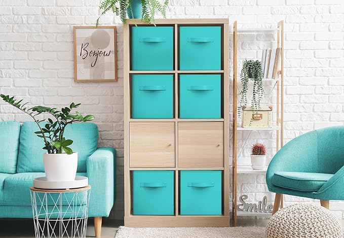 Sorbus Foldable Storage Cubes - 6 Fabric Baskets for Organizing Pantry, Closet, Shelf, Nursery, Playroom, Toy Box, Cubby - 11 Inch Dual Handle Collapsible Closet Organizers and Storage Bins (Aqua)
