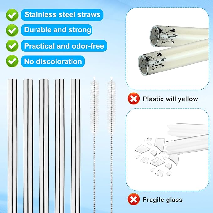 5pcs Metal Straws for Owala, Durable Stainless Steel Water Bottle Straw Replacements with 2 Cleaning Brushes for Owala Water Bottle 24oz/32oz