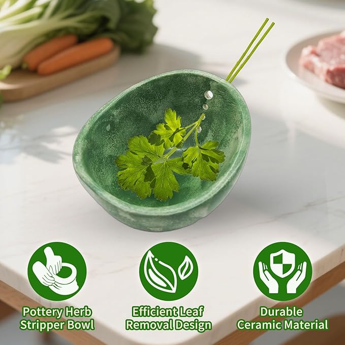 Herb Stripper, 4-Hole Design Pottery Herb Stripper,Handmade Ceramic Herb Stripper Bowl for Removing Leaves and Stems in the Kitchen (Green Glaze)