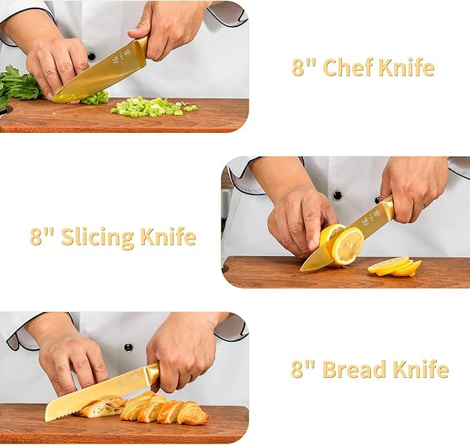 ZHANG XIAO QUAN SINCE 1628 15Pcs Knife Set with White Block, High Carbon Stainless Steel Kitchen Knife Set, Sharp and Durable, Hundreds of Years of Masterful(Golden)