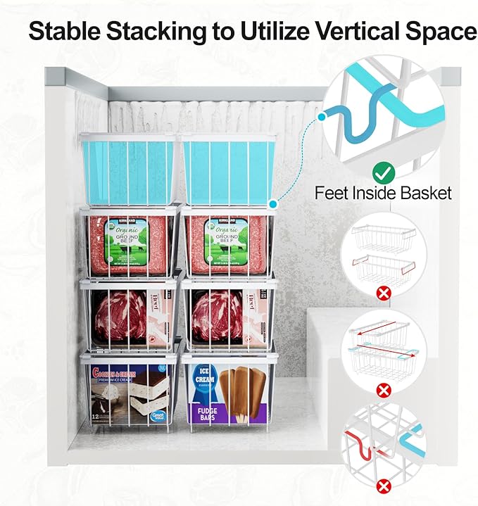 iSPECLE Freezer Organizer Bins - 4 Pack Small Stackable Deep Freezer Organizer Bins for 7 Cu.Ft Freezers Easy Get Bottom Foods without Digging, Chest Freezer Organizer Prevent Frozen Food Waste, White