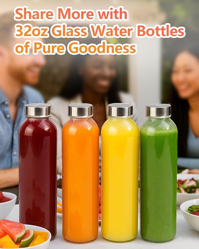 Zukro Glass Water Bottles with Lids 32 oz, 3 Pack Reusable Large Juice Bottles With Stainless Steel Airtight Cap for Juicing, Leak Proof Clear Drinking Jar Beverage storage container, BPA Free