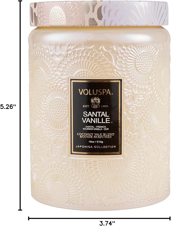 Voluspa Santal Vanille, Large Candle Jar, 18 oz, 100 Hour Burn Time, Coconut Wax for Clean Burning, Handcrafted in the USA