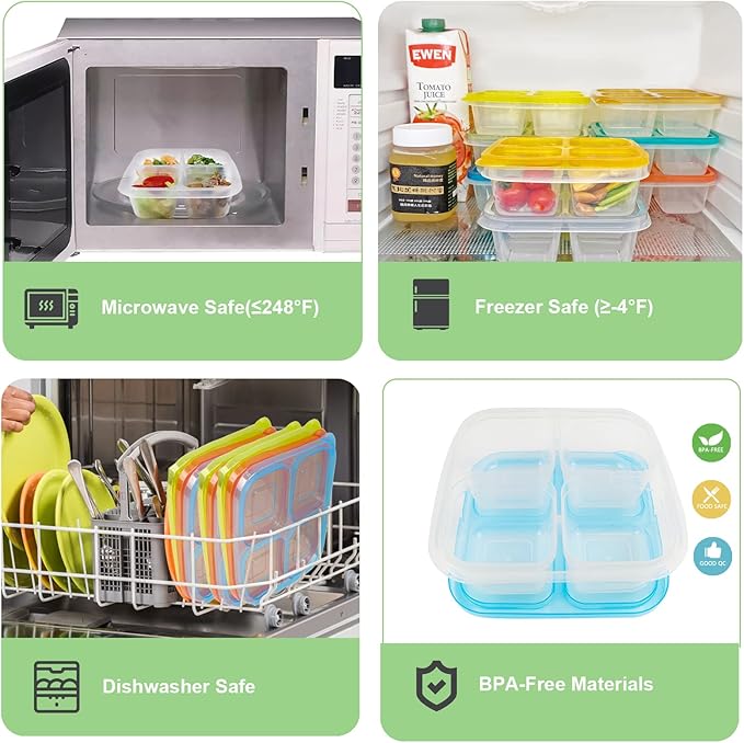 Finorder 6 Pack 4-Compartment Snack Containers, Reusable Food Containers for Kids School, Adults Office, Picnic Trip, Lunch Bento Box Meal Prep Containers (Bright Color Set)