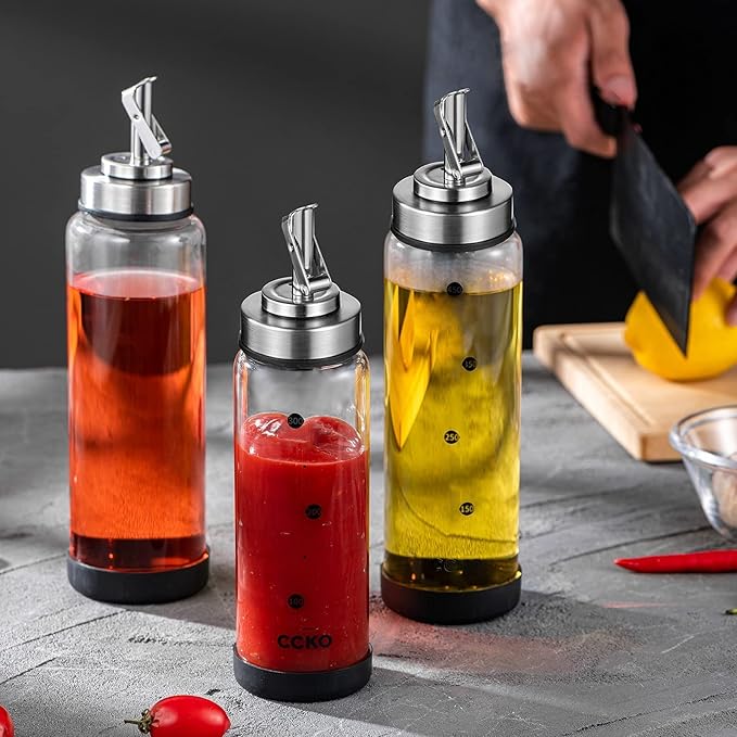 Glass Olive Oil Dispenser Bottle Shatterproof and Leakproof with Stainless Steel Spouts High Temperature Resistant 17oz Cooking Oil and Vinegar Cruet Dispenser