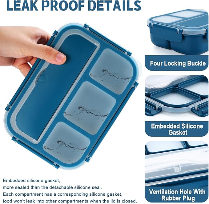 Bento Box Adult Lunch Box, Kids Lunch Containers for School with 4 Compartments, with Utensils, Sauce Jar, Muffin Liners, Microwave Safe, Navy
