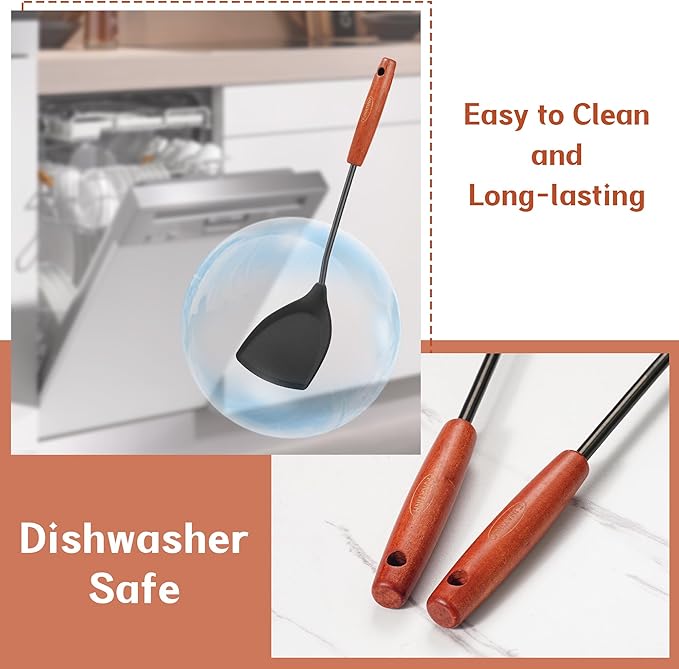 FJNATINH Silicone Wok Spatula and Ladle Tool Set,Non Stick Heat-Resistant Stainless Steel Cooking Utensils BPA Free Kitchen Utensils Cookware, Pack of 2,Black