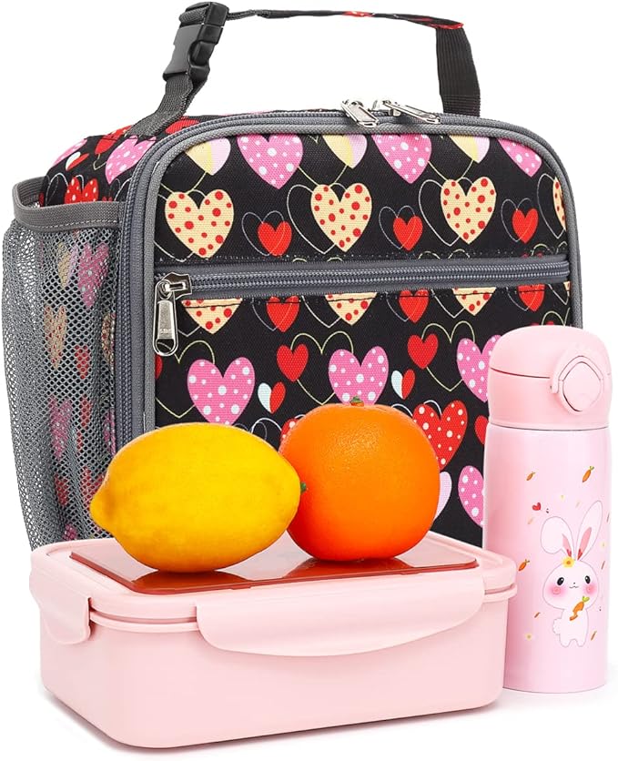 FlowFly Kids Lunch box Insulated Soft Bag Mini Cooler Back to School Thermal Meal Tote Kit for Girls, Boys, Heart
